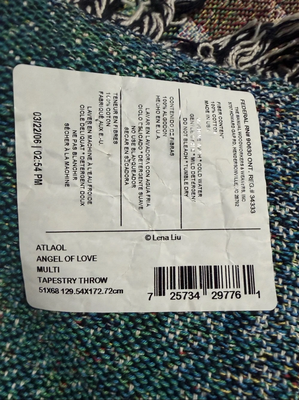 Angel of Love, Lena Liu Woven Made in USA Cotton Tapestry Blanket NEW With Tag